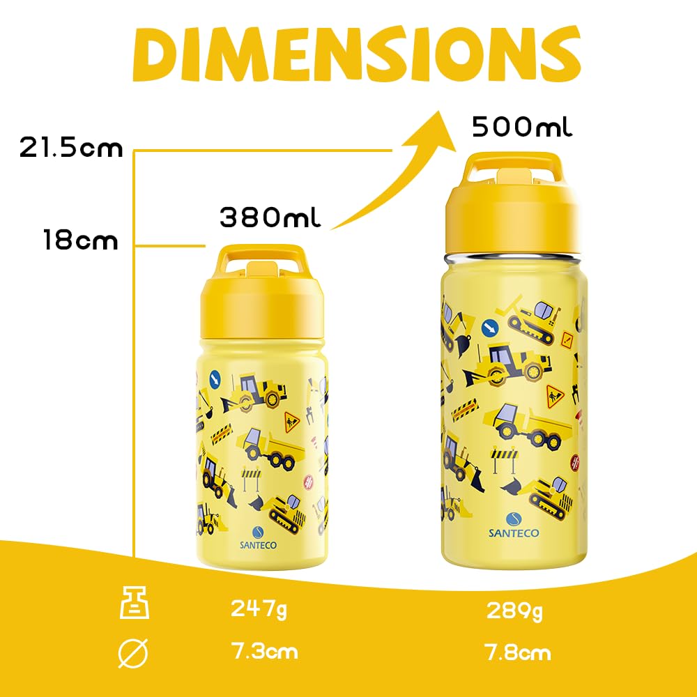 SANTECO Borraccia Bambini Acciaio Inox, Senza BPA, 380ml Borraccia Termica a Prova di Perdite con Cannuccia per Scuole, Facile da Pulire