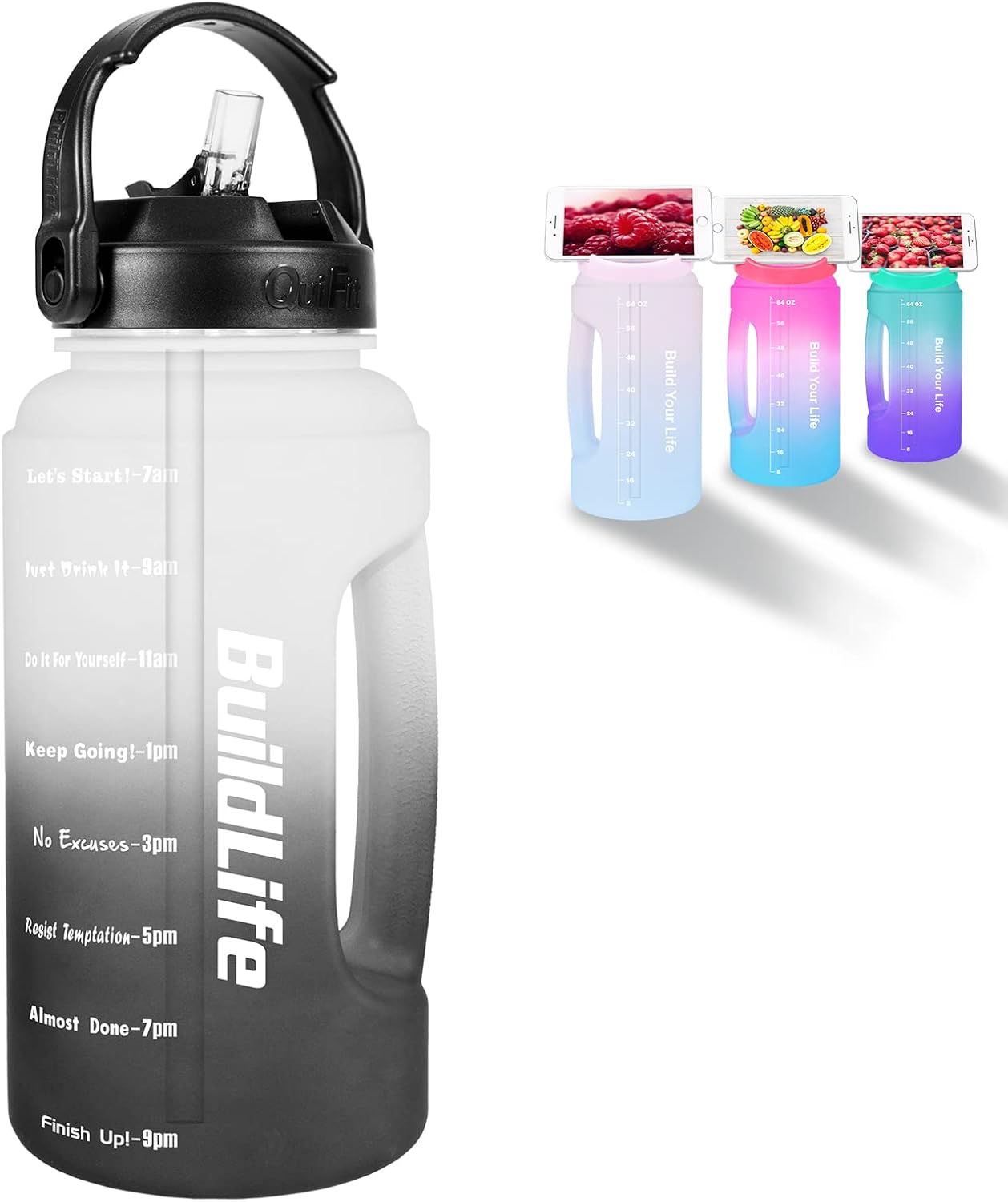 BuildLife Half Gallon Water Bottle - BPA Free Half Gallon Water Jug with Times to Drink Leakproof Straw Lid Reusable Motivational 73 oz Water Bottles(Gray/Black Gradient,half gallon)