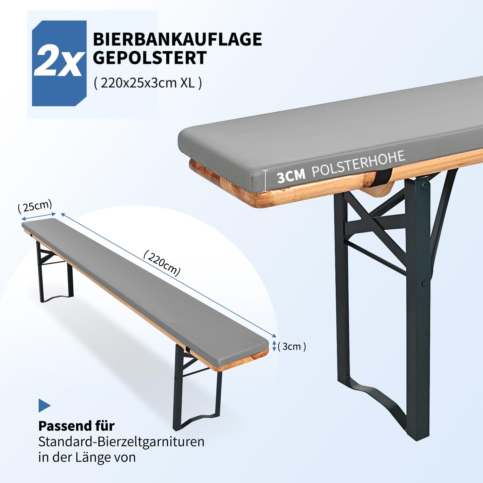 FXKS Set van 2 bierbankkussens, gevoerd, biertentgarnituur, 220 x 25 x 3 cm, XL, wasbare bierbankkussens, gevoerde kussens voor partytentgarnituur (wit, waterdicht FXKS Set van 2 bierbankkussens, gevoerd, biertentgarnituur, 220 x 25 x 3 cm, XL, wasbare bierbankkussens, gevoerde kussens voor partytentgarnituur (wit, waterdicht