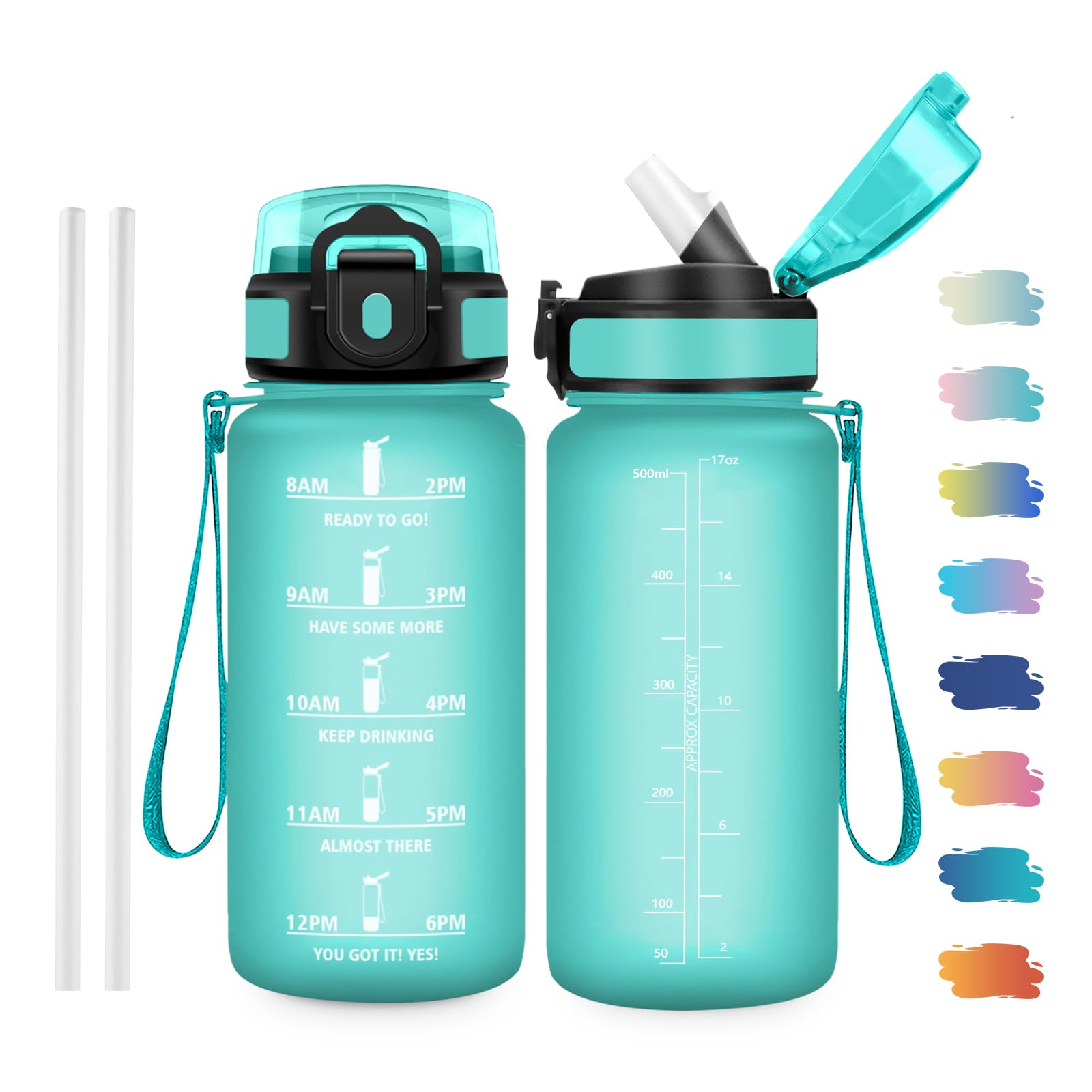 JAPORIA Borraccia 500ml, Borraccia con Cannuccia, Bottiglia Acqua, Bottiglia con Marcatori Temporali, senza BPA, per Scuola, Ufficio, Sport