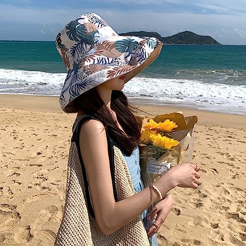 Image of HUAMULAN Women Sun Hat Summer Bucket Beach Boonie Cotton Cap Wide Brim UPF 50