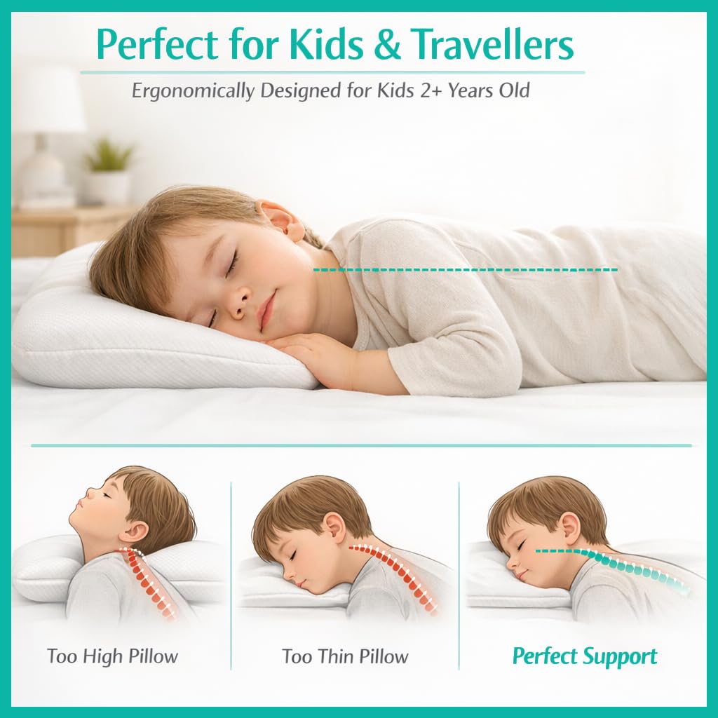 kinder Fluff Oreiller Enfant. Coussin en Coton 300T, Garnissage Doux, Taie Hypoallergénique et Lavable. Parfait pour Bébé, Enfants, Reposant, Sieste Maternelle, Décoration Chambre & Voyage.