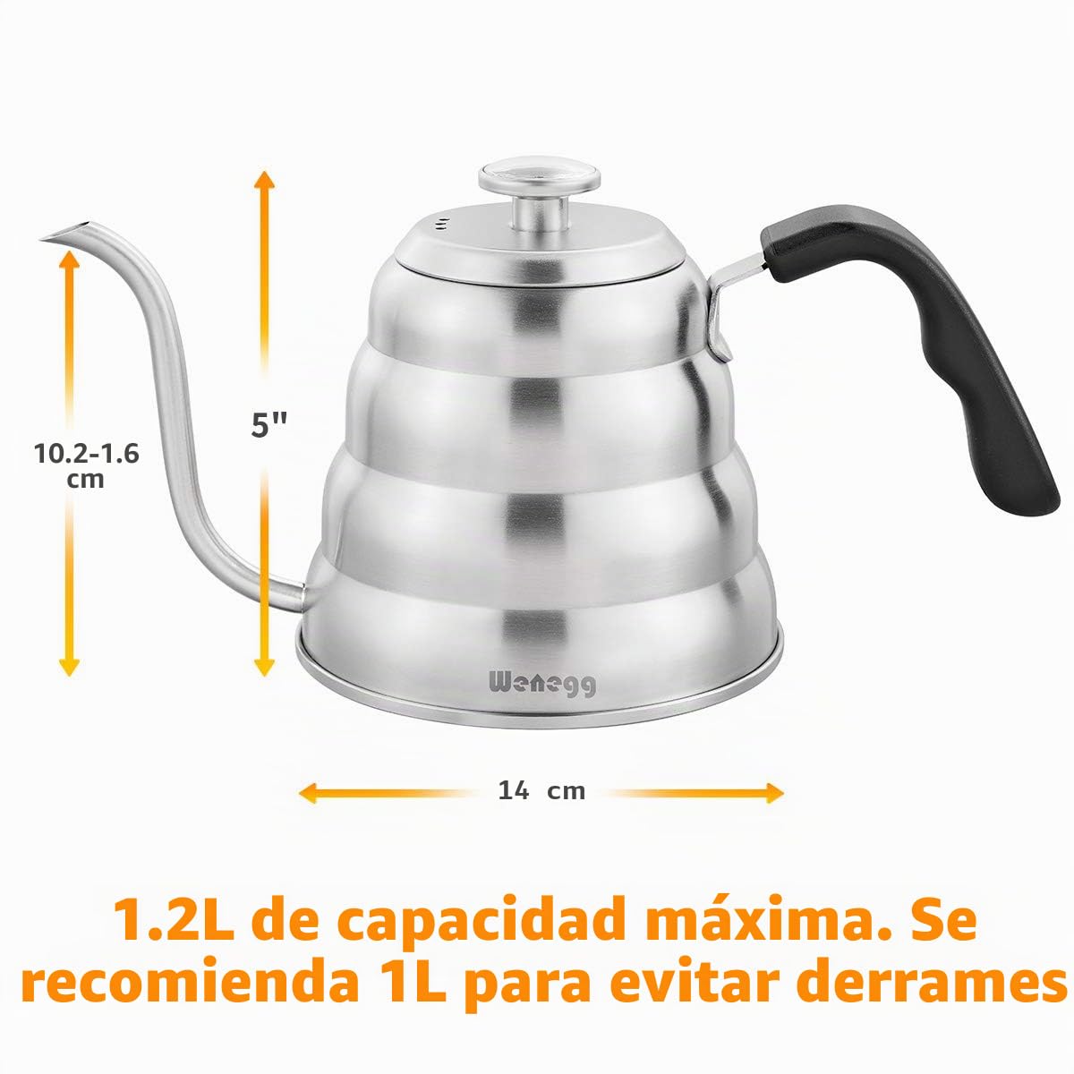 1.2 L Hervidor de Agua con Cuello de Cisne de Acero Inoxidable, Hervidor de Agua con Termómetro para Placas de Gas e Inducción, Gooseneck Kettle para Preparar Té y Café, Plata