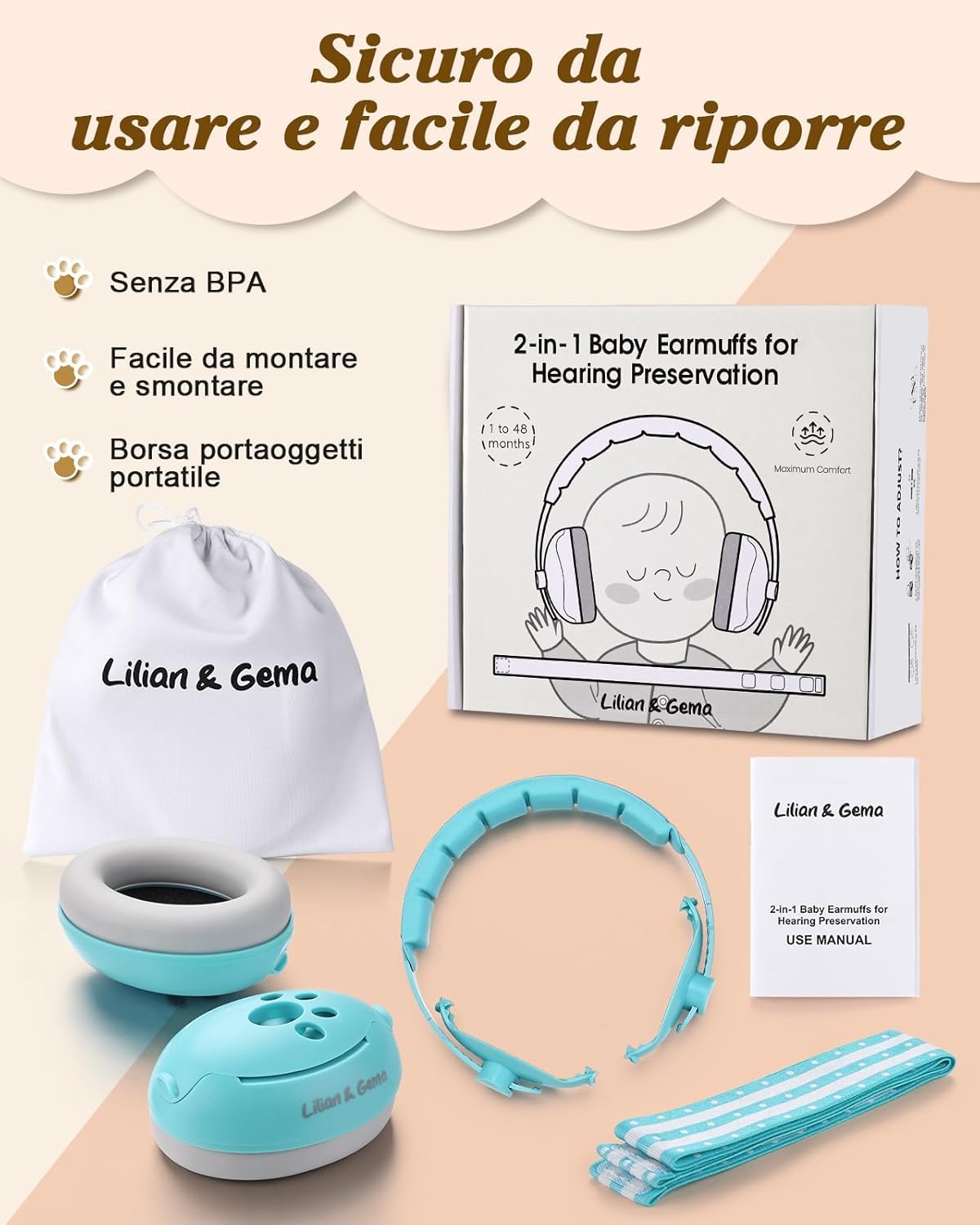 Generico 2 in 1 Cuffie Neonato Antirumore -25dB,Protettori acustici per neonati, archetto regolabile, antiscivolo e antistress, protezione acustica ideale per neonati fino a 48 mesi