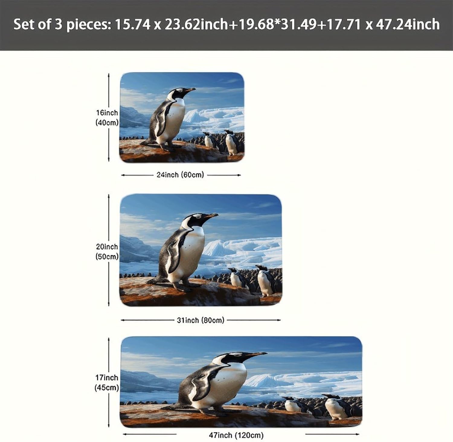 Penguin Print Kitchen Rugs Sets of 3 Non Slip Kitchen Mats for Floor Farmhouse Kitchen Sink Mat Thick Comfort Standing Mat for Laundry Room Hallway Bathroom