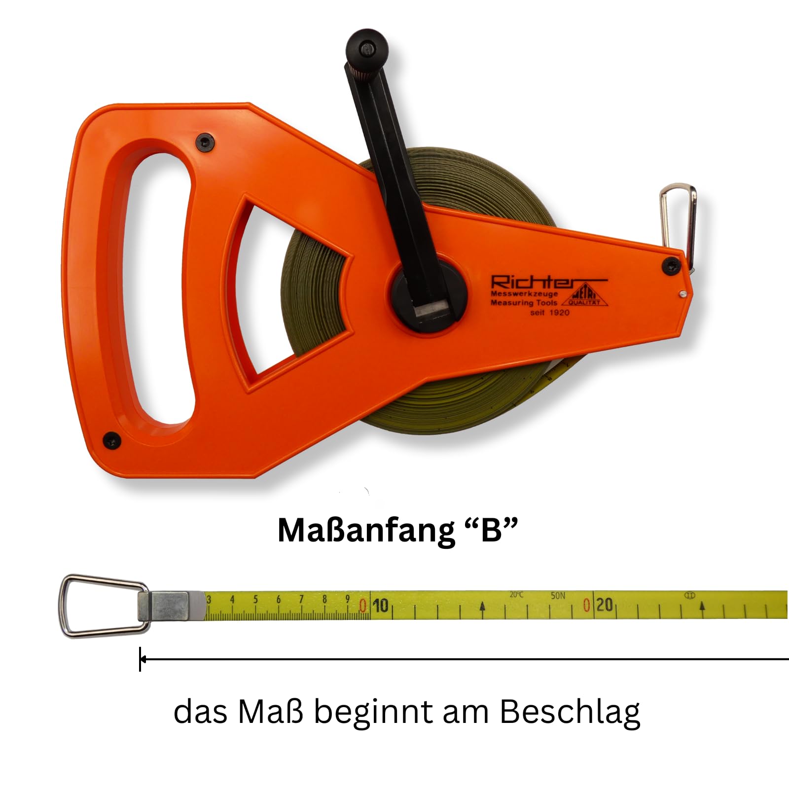 Richter Mètre À Ruban En Acier "METRI-POLYSAN" 13mm Avec Cadre En Plastique Type "R" - 50m - Revêtement En Polyamide - Début De Mesure "B" - Graduation En Cm - Set Avec Mètre Pliant DEWEPRO® 2m