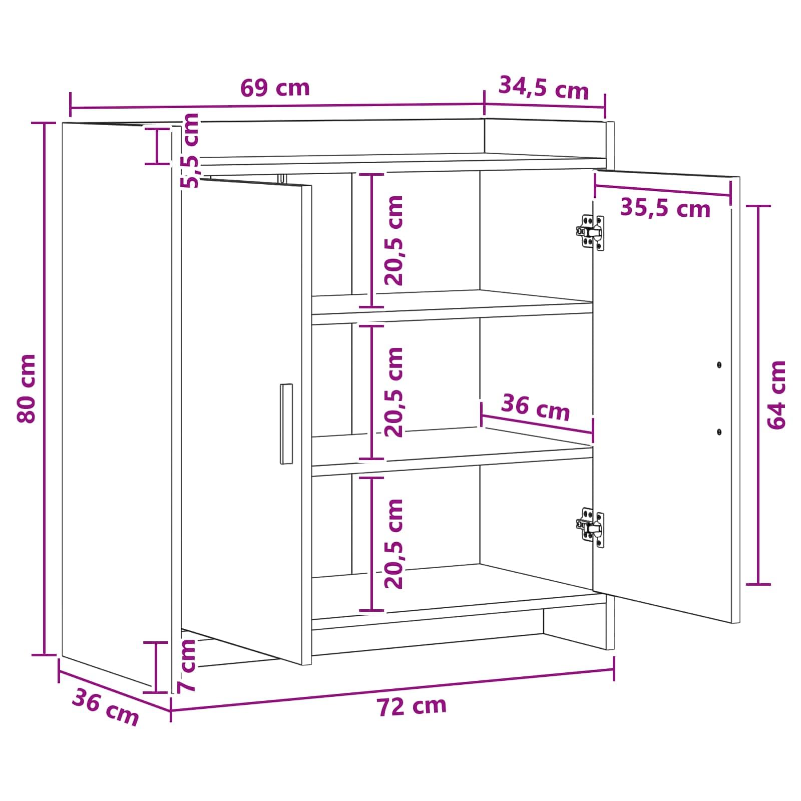 Kredens czarny dąb 72 x 36 x 80 cm, materiał drewnopochodny z 2 drzwiami, 3 półkami, metalowe uchwyty, idealny do jadalni, salonu, korytarza, praktyczne przechowywanie, trwały, nowoczesny