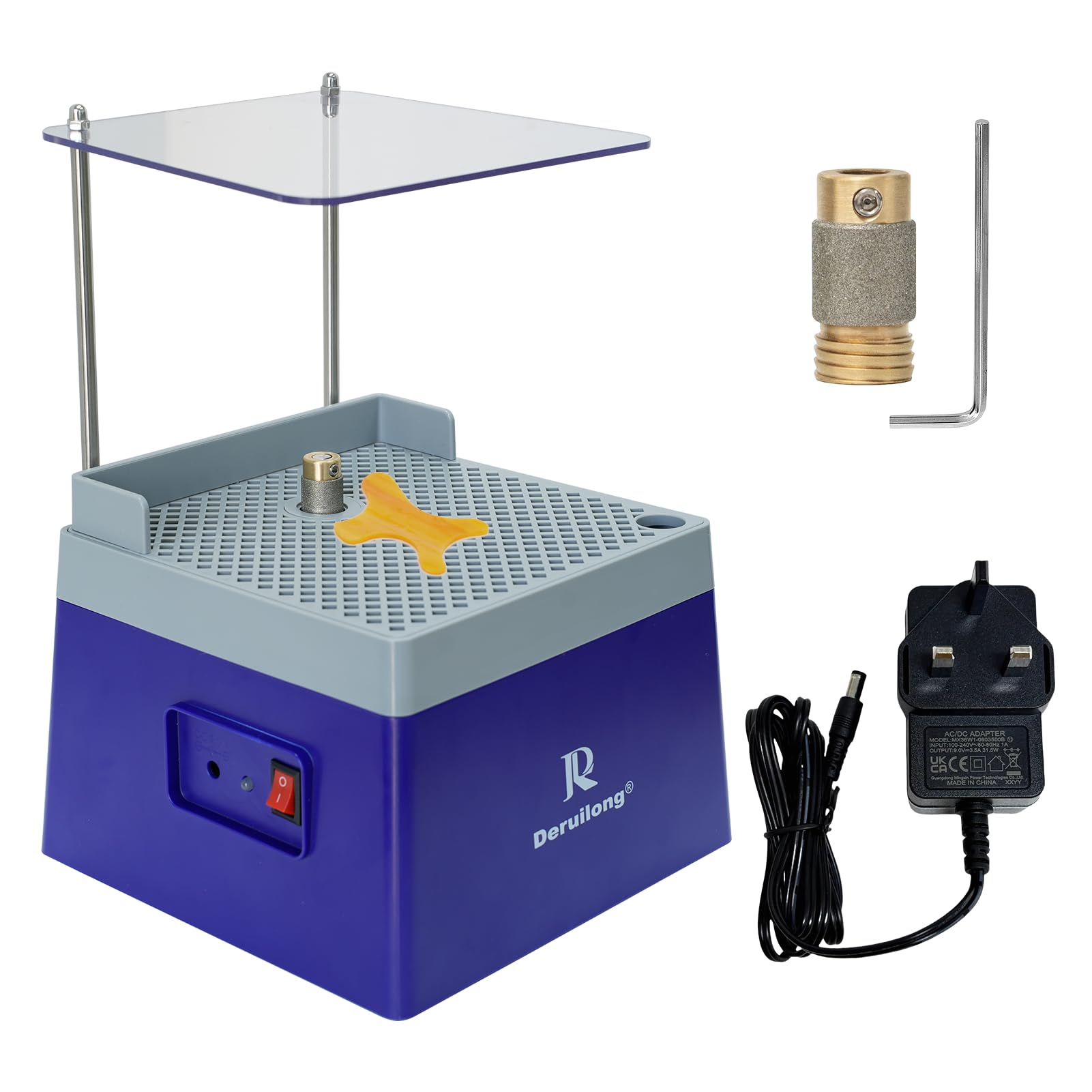 Deruilong Stained Glass Grinder with UK Plug, 4200RPM Motor & 5/8" Diamond Grinding Bit, Mini Portable with Acrylic Splash Guard for Glass Art, Edge Shaping, Mosaic, DIY