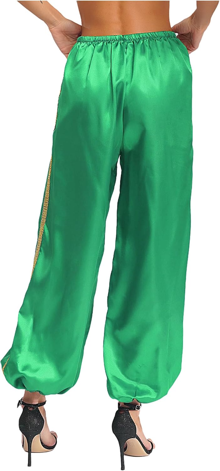TiaoBug Women's Satin Silky Pants Arabian Princess Belly Dance Pants Loose Fit Lace Trim Costumes