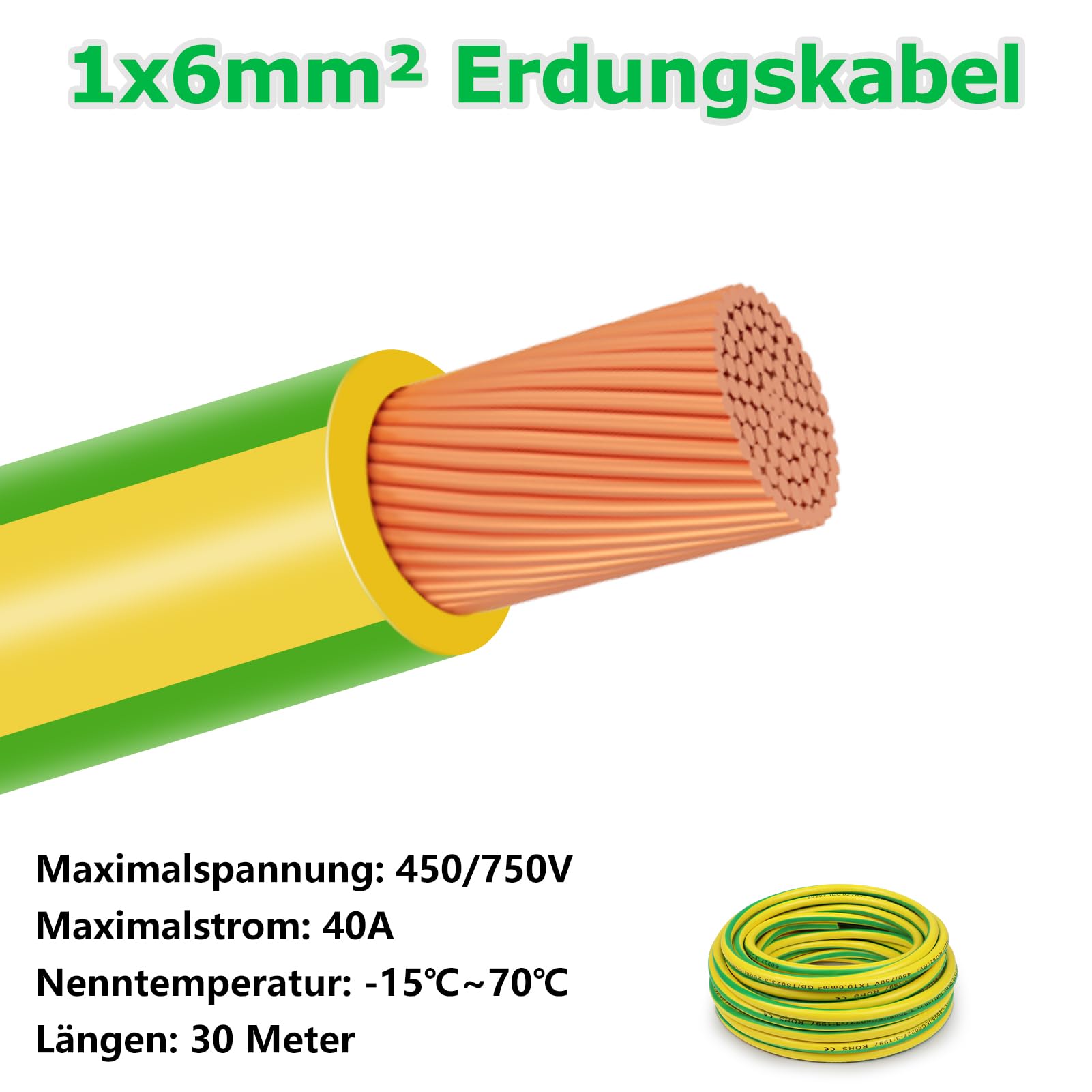 LightingWill Câble de terre flexible en PVC vert et jaune 30 m, 1 x 6 mm², 6 mm², pour applications de mise à la terre et installations électriques
