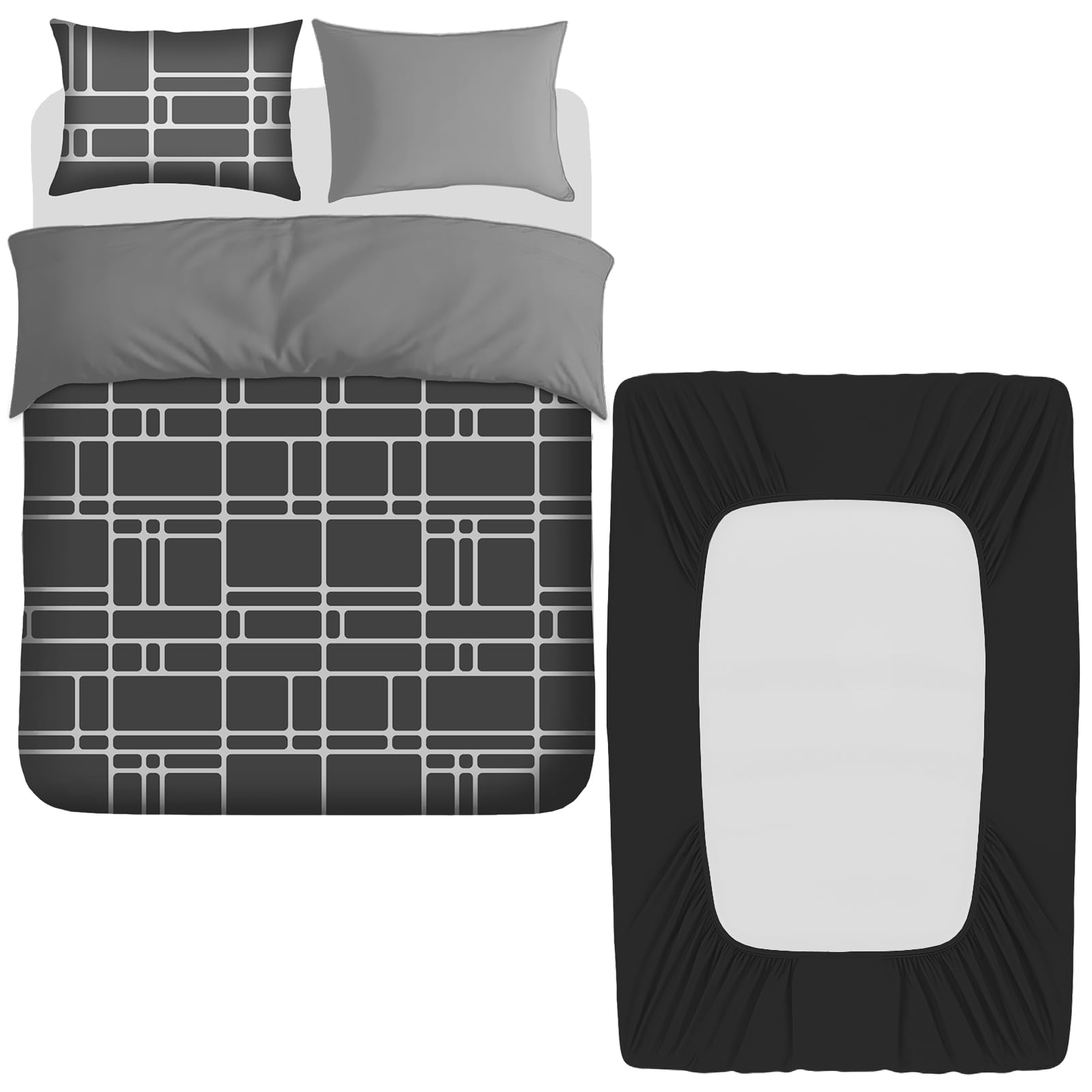 Pamposh 4 Pcs Double Duvet Set with Matching Black Double Fitted Sheet 40 cm Extra Deep Pocket - UltraSoft Breathable Premium Microfibre Reversible Quilt Cover Bedding Set For All Seasons