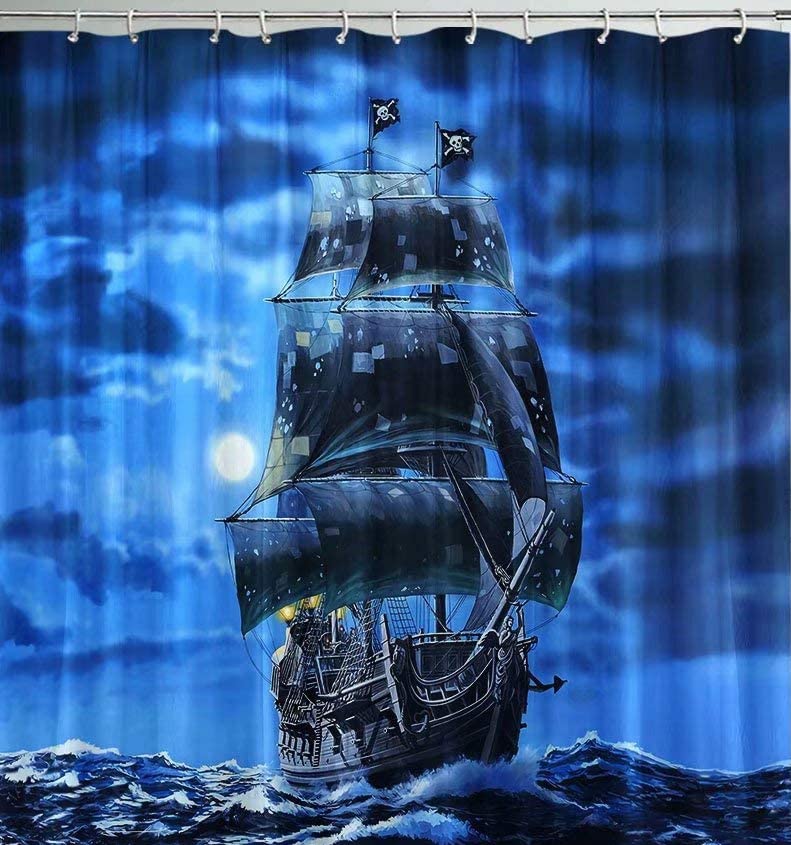 Ship Shower Curtain for Nautical bathroom Fantasy Ocean Vintage Pirate Ship Bath Curtain Sets Ocean Themed Full Moon shower curtain Polyester Fabric Bath Curtain Decor with Hooks 72Wx79H inch