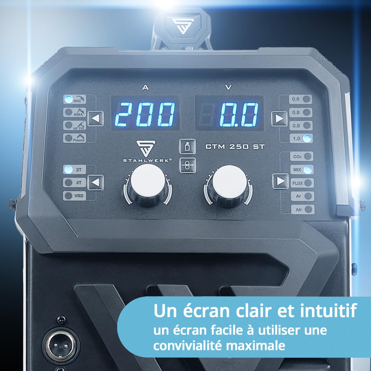 STAHLWERK Poste à souder combiné 4-en-1 CTM-250 ST – Kit complet – TIG, MIG/MAG, MMA (ARC), FLUX (fil fourré) jusqu'à 200 A, CUT (plasma) jusqu'à 45 A, capacité de coupe jusqu'à 14 mm