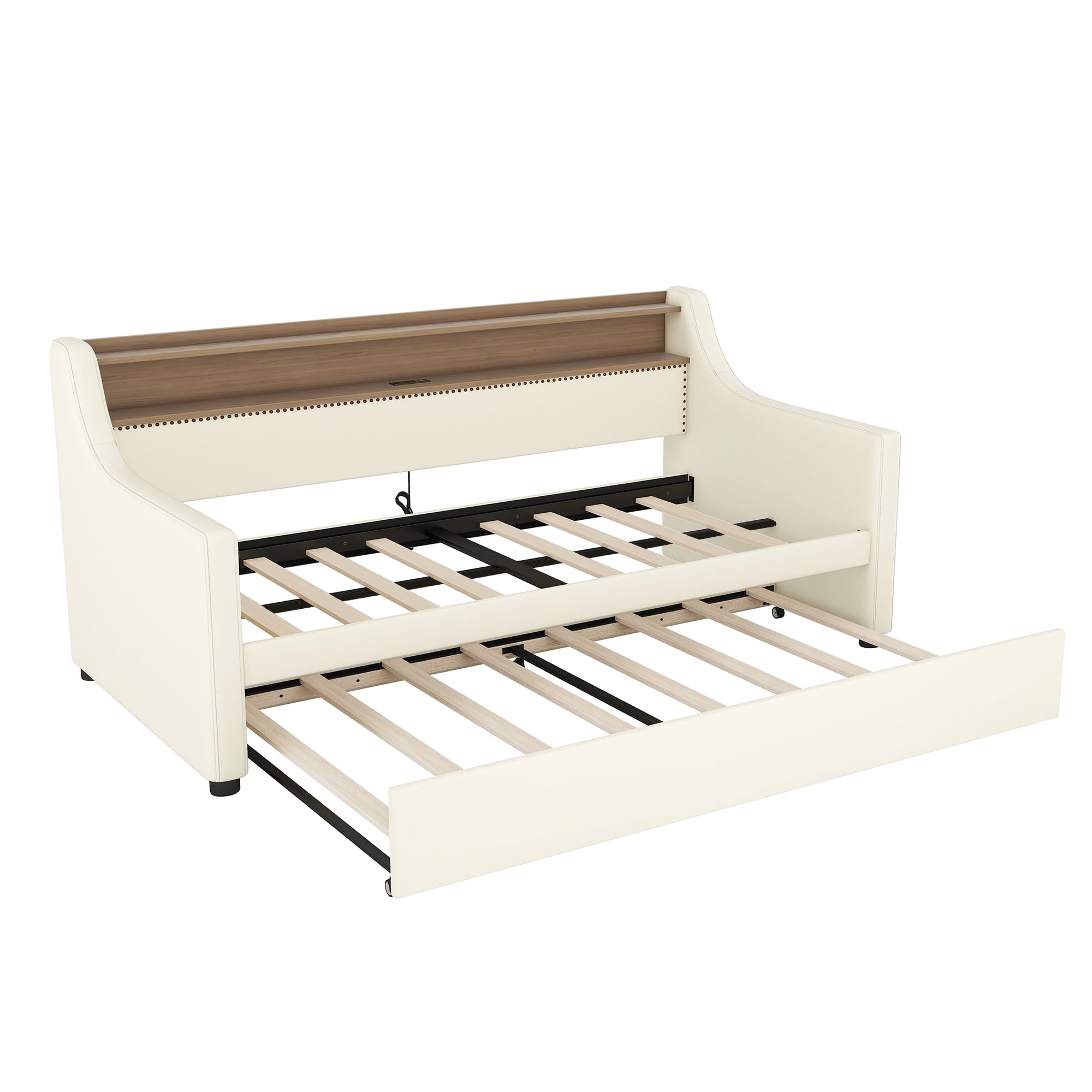 Photo 1 of ****** INCOMPLETE SET****** Contemporary Modern Style 37.4" H Multi-Functional Twin Size Upholstered Daybed, with Trundle, Charging Station and LED Lights, White