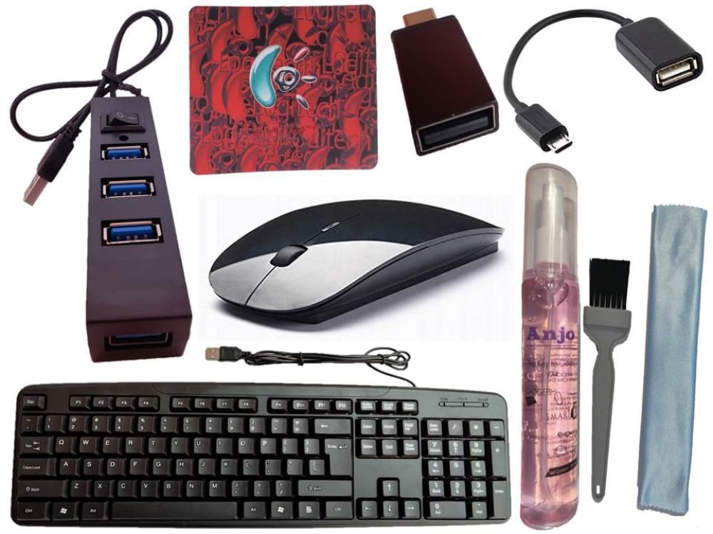 Anjo 7 in 1 Combo of Wired Keyboard, Wireless Mouse with USB Nano Receiver, Anti-Skid Mouse Pad, Type-A 4 Ports USB Hub with Switch, 3 in 1 Cleaning Kit 100ml, OTG Micro & C to A Type-image-24