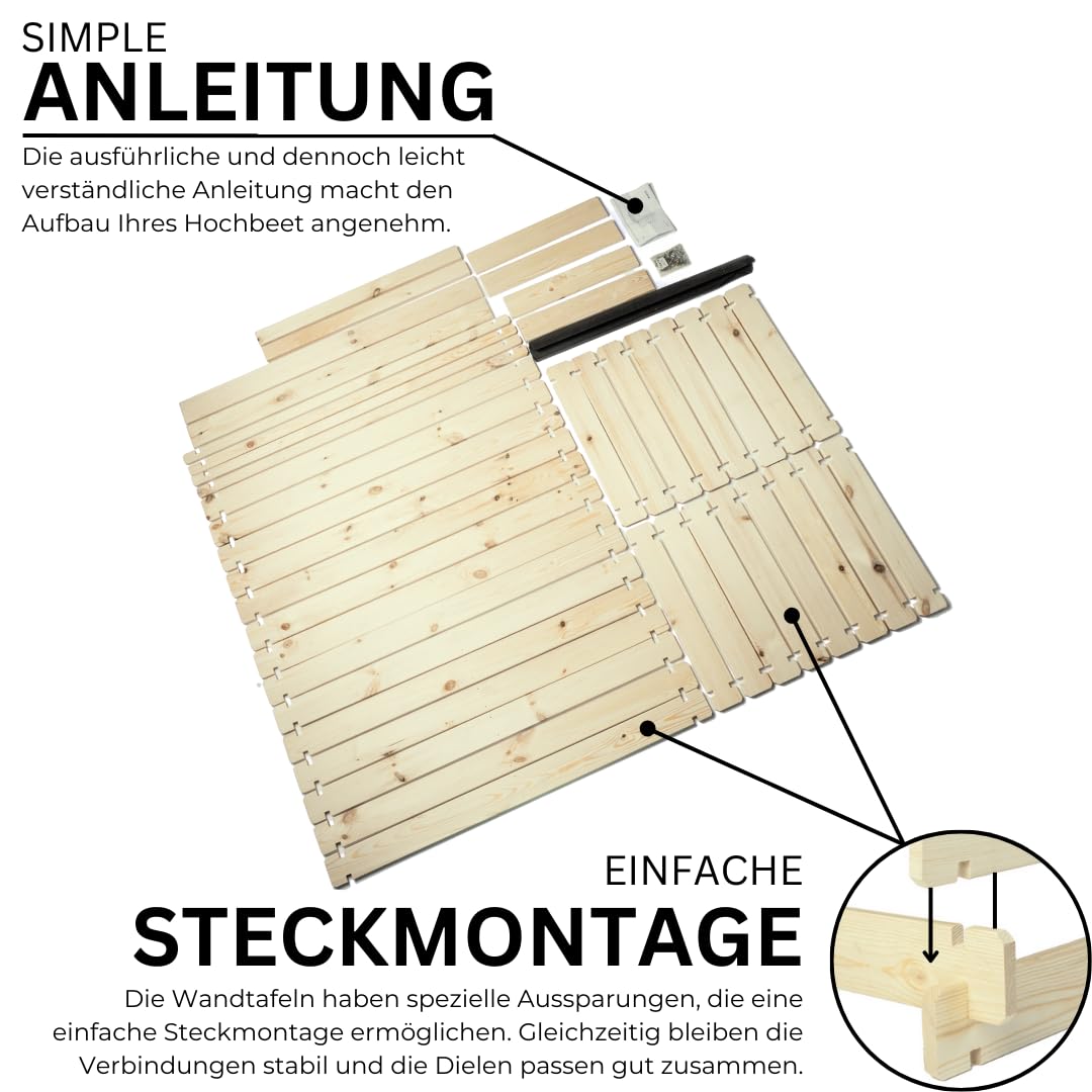 Mega Holz Hochbeet PLANTO 117x59x77 (BxTxH) aus Natürlicher Kiefer, Blumenbeet aus Holz, Wetterfest, Innen- und Außenbereich, Kräuterbeet für Garten, Balkon und Terrasse, Einfaches Stecksystem