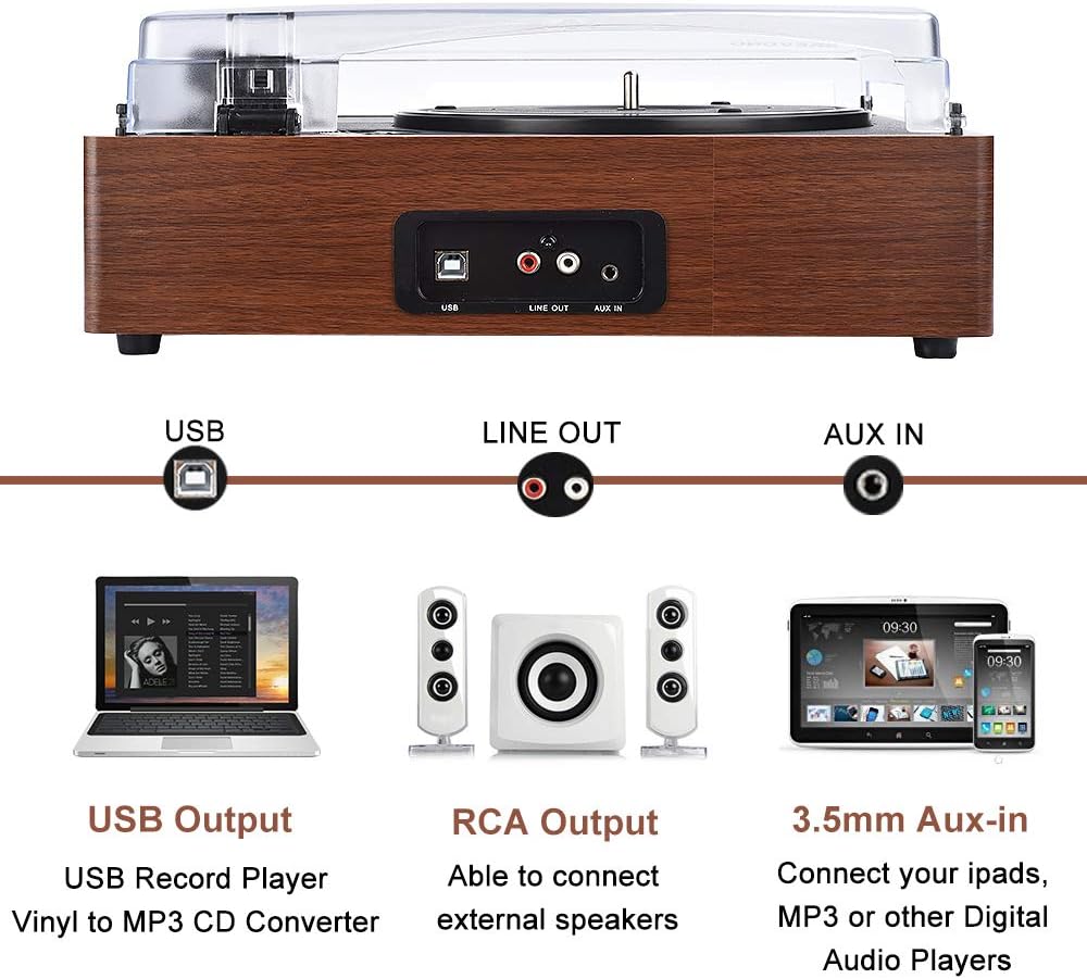 One-Day Sale: Up to 70% Off Record Player, SKEVONO Portable 3 Speed Vinyl Turntable, Bluetooth Vintage Record Player with Built-in Speakers, Supports Headphone Jack/Aux Input/RCA Line Out (Wooden Classic)