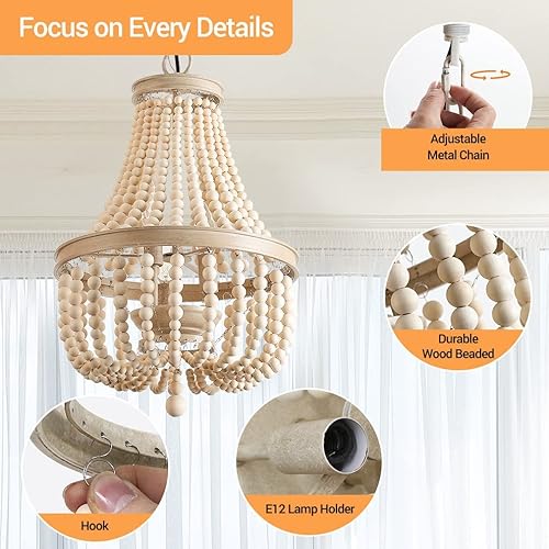Miniatura 4 de Qwoo Candelabro de madera con cuentas, lámpara de techo bohemia de montaje empotrado, lámpara retro con cuentas de madera para guardería, comedor,