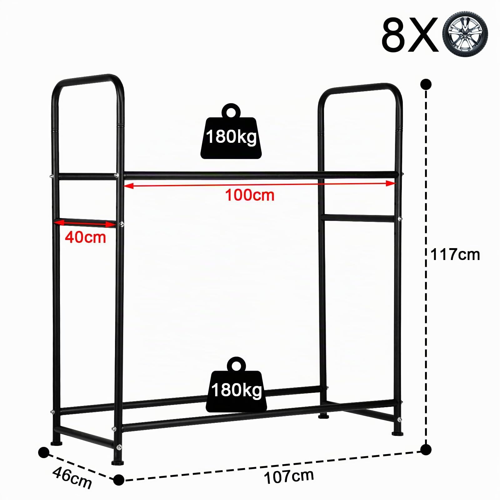 Étagère à pneus 8 pneus, 2X Support de pneus 107 x 46 x 117cm,Arbre à Jantes pour pneus de Voiture capacité de Charge 180kg,Étagère à Jantes avec Housse de Protection pour pneus