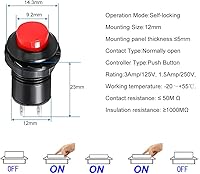 Vista 5 de 24 interruptores de botón con pestillo de 0.472 pulgadas SPST ON/OFF AC 250V/1.5A 125V/3A, mini interruptor basculante redondo con cerradura