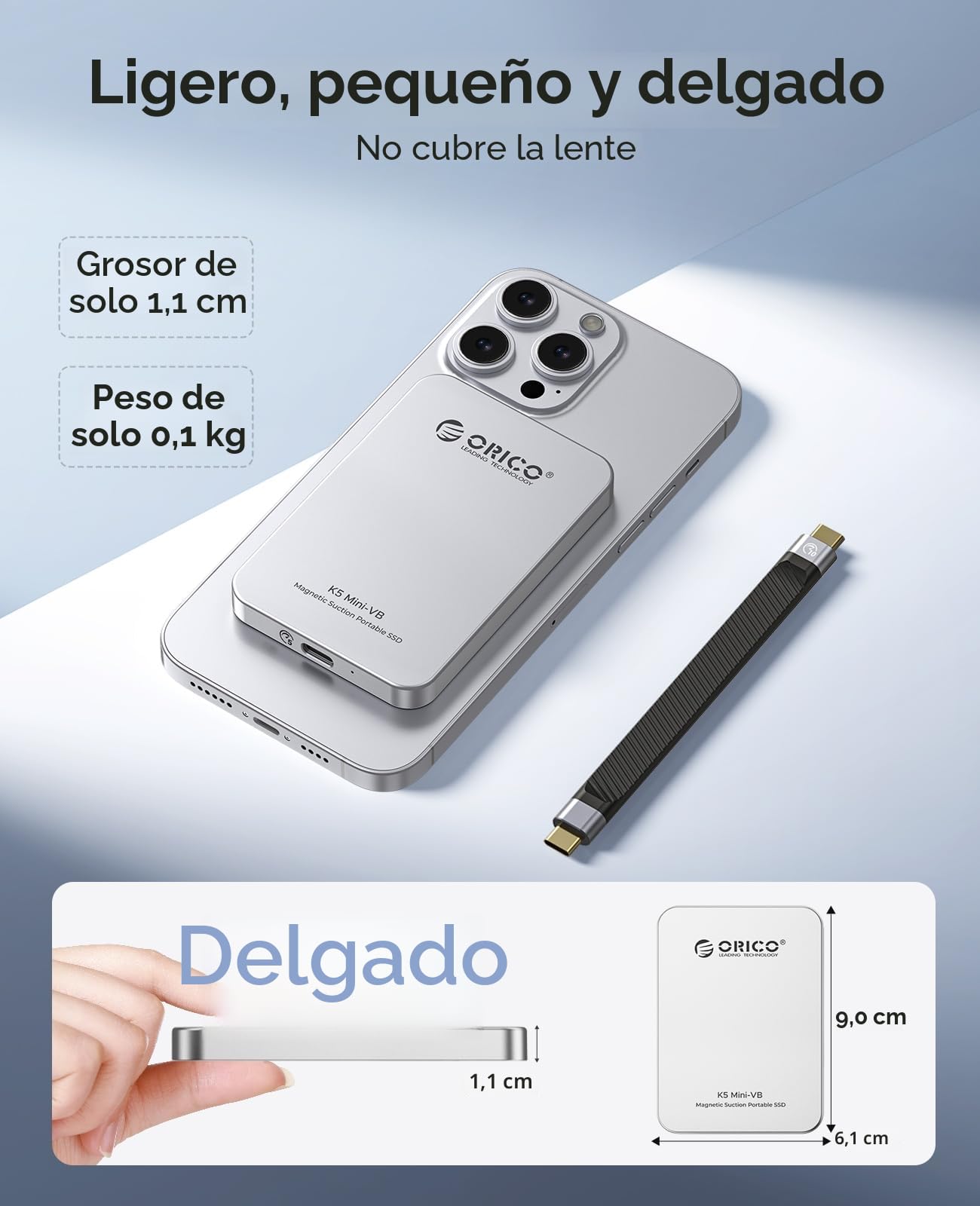 ORICO 480GB SSD Externo magnético, aleación de Aluminio, hasta 460MB/s, Disco Duro Externo ssd, amplía el Almacenamiento para iPhone 17 Pro MAX, Compatible con MagSafe, Smartphones USB‑C – K5MINI