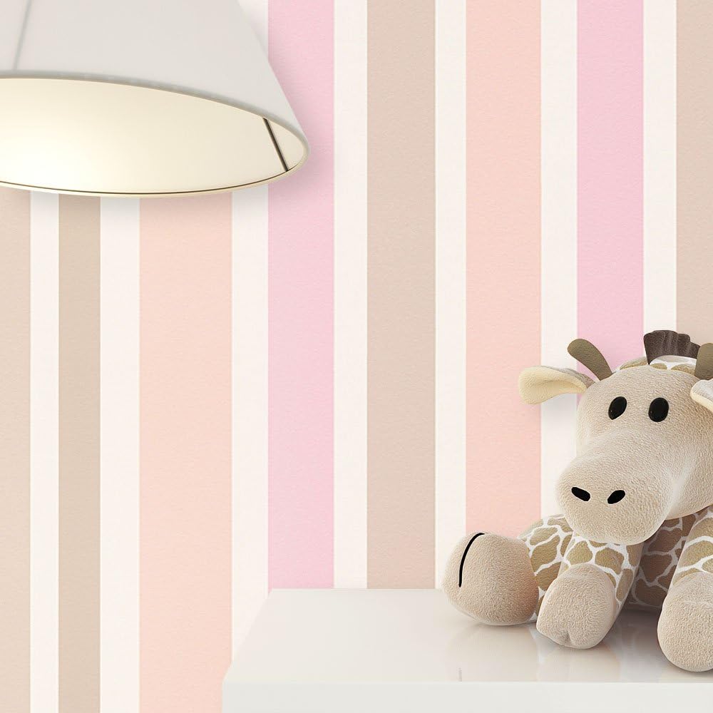 Newroom Children's Wallpaper Beige Non-Woven Striped Wallpaper Pink Modern, Stylish and Modern and Elegant Design For Baby Boys or Girls with Trestle Guide