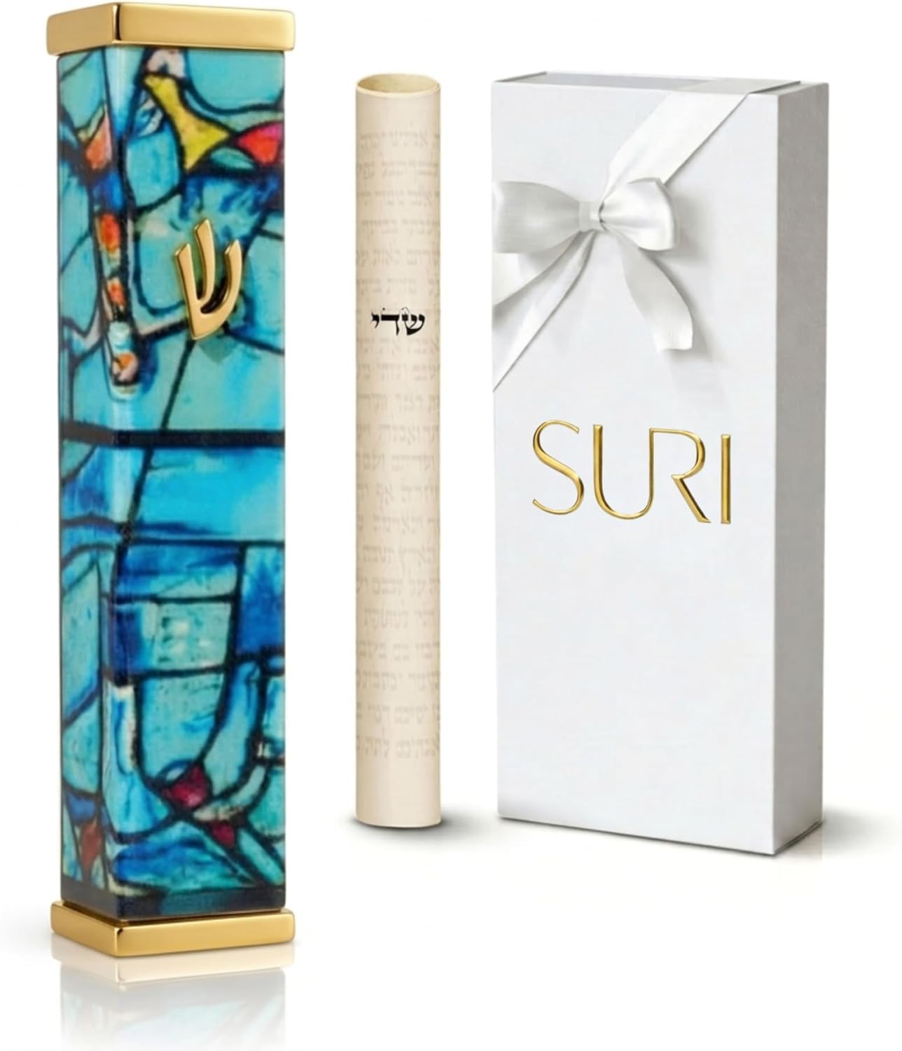 SURI Mezuzah with Scroll for Door | 6 Inch Modern Aluminum Mezuzah Case | Fits 5 Inch Scroll | Gold &amp; Silver Chagall-Inspired Design | Self Adhesive Easy Install | Judaica Jewish Gift