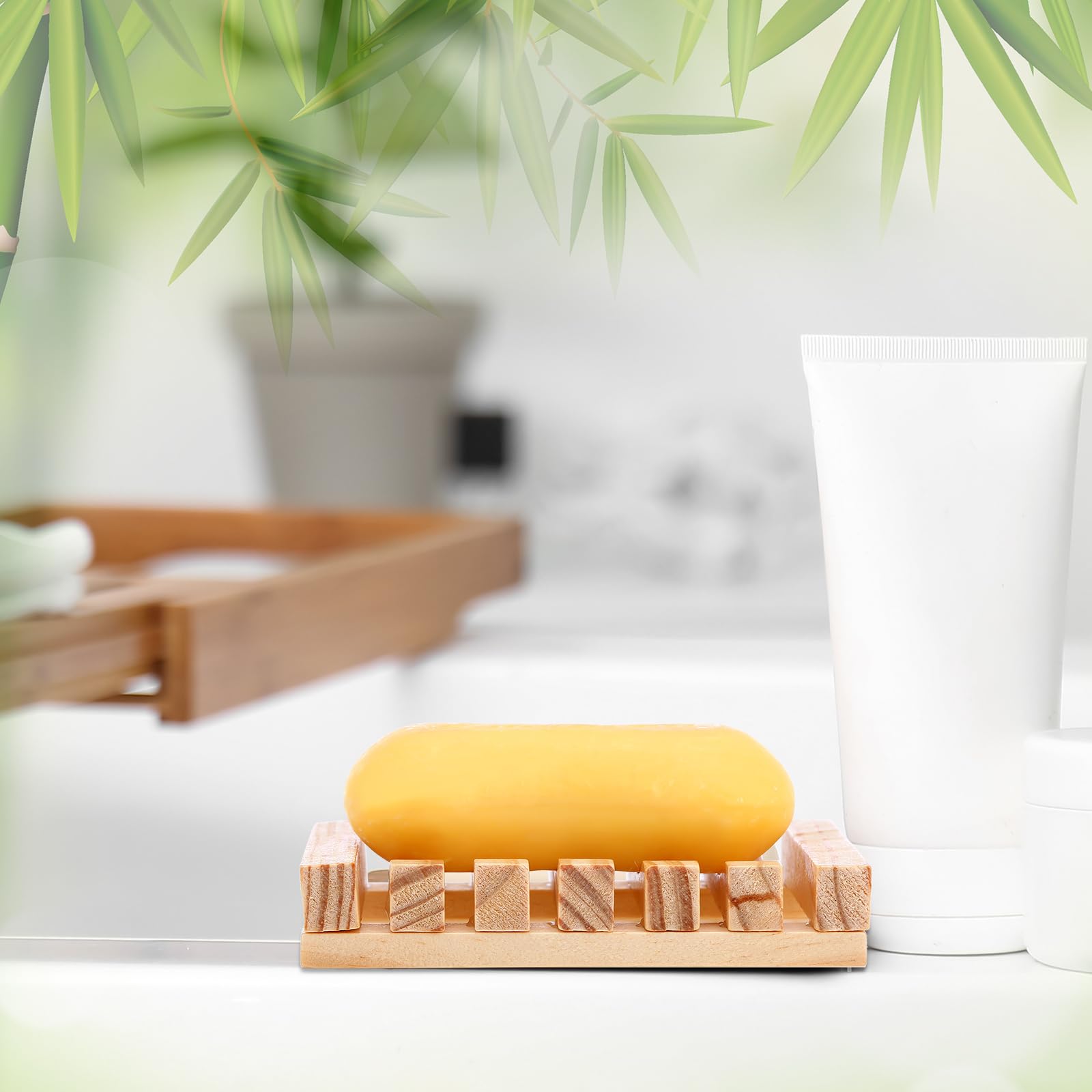 Skylety Jabonera de madera para ducha, jabonera de drenaje, bandeja de jabón para baño, cocina, viaje, esponja, champú, fregadero, 4.5 x 3.1 x 0.9 pulgadas (color madera, 30 piezas)