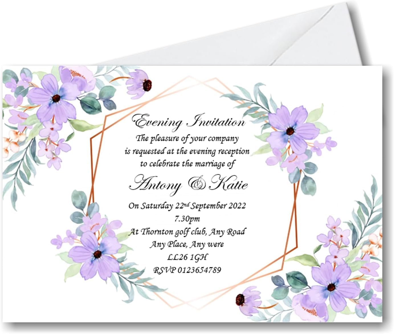 Personalised Wedding Evening Invitations with Envelopes – Lilac & White – Custom Wedding Evening Invites – Elegant Design - Printed Night Time Reception Cards – WE5 (50)