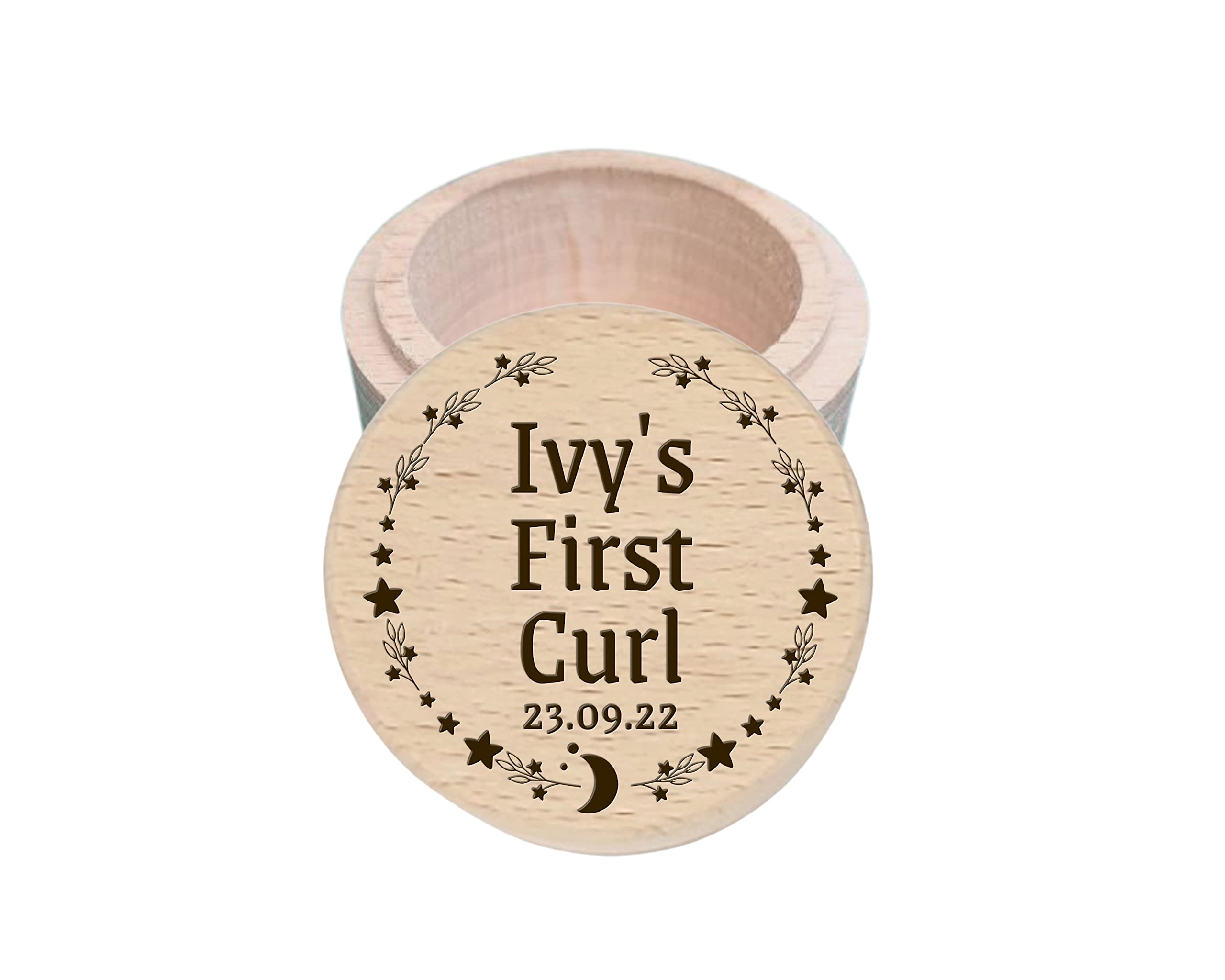 Personalised Wooden My First Curl Box, New Baby Christening Baby Memory Gift, Engraved Trinket Keepsake Box - Moon Star Circle