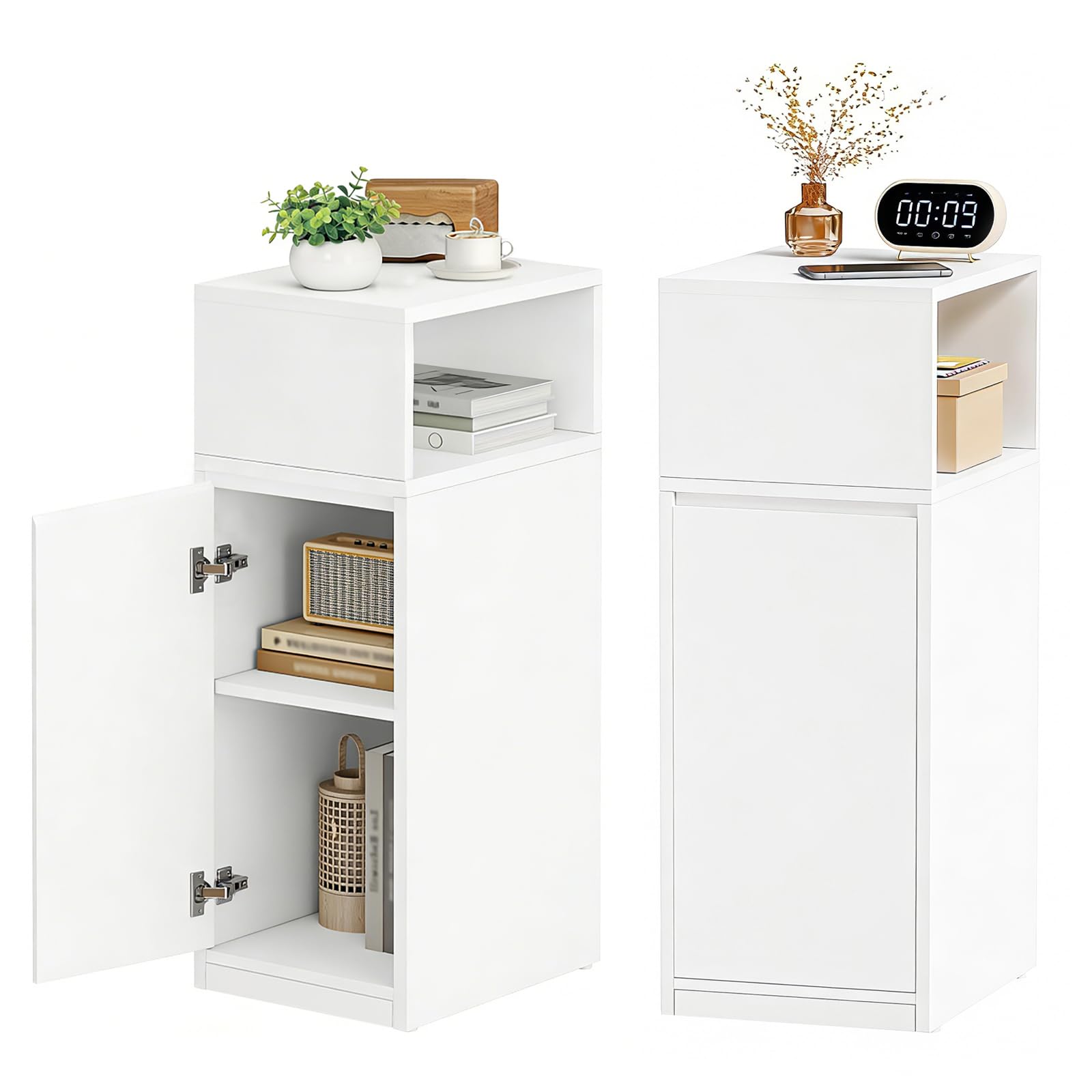 BEWISHOME Table de Chevet Étroite Lot de 2,Table d'Appoint,1 Port | Compartiment Ouvert,3 Étagères Réglables en Hauteur,65 x 25 x 30 cm,pour Chambre à Coucher et Salon,Blanc EFCG13W