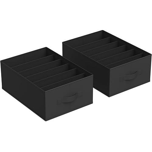 SONGMICS Set of 2 Large Size Wardrobe Clothes Organizers, 6-Compartment Foldable Clothes Organizers with Handles, 16.5 x 11.8 x 6.7 Inches, for Pants, Sweater, Jeans, Classic Black URUS009B02