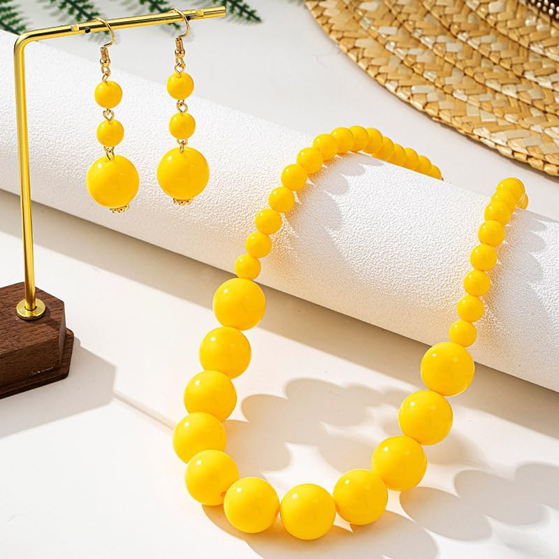 Colorful Beaded Necklace Earrings Set for Women Retro Chunky Big Round Bead Resin Choker Necklace Dainty Acrylic Multicolor Beads Pendant Earrings Fashion Festival Party Jewelry Accessories for Women - Image 7