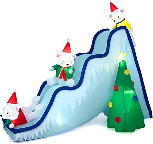 Miniatura 9 de Tangkula Decoración inflable de Navidad de 9 pies con diseño de oso polar, decoración de Navidad inflable con luces LED y estacas de tierra,
