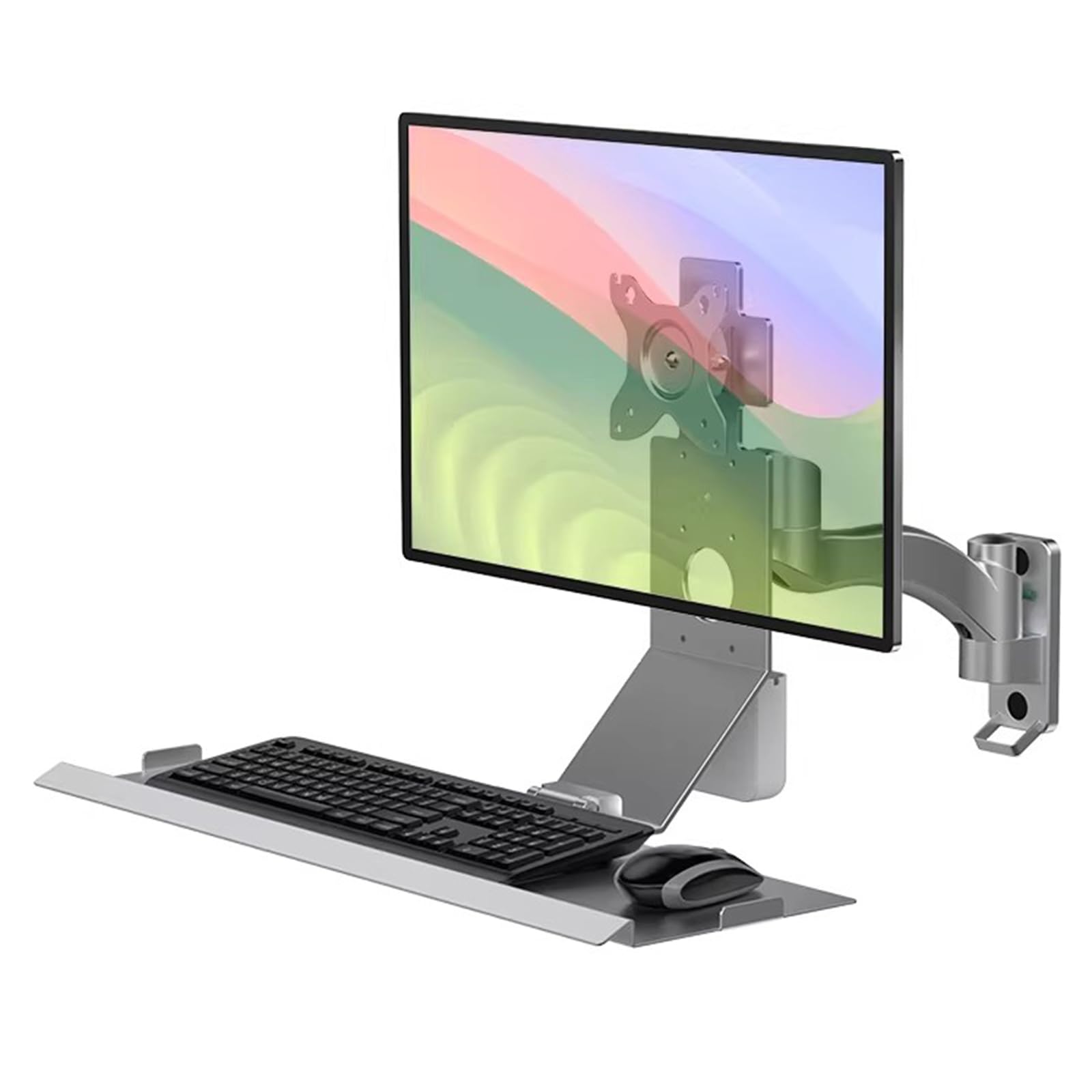 Xnxysmkj Silver Monitor And Keyboard Wall Mount,Stand/Sit Workstation,W/Pneumatic Arm,Load 10Kg,W/60Cm Foldable Keyboard Tray,For 15-32 Inch Single Screen.easy Setup (Silver)
