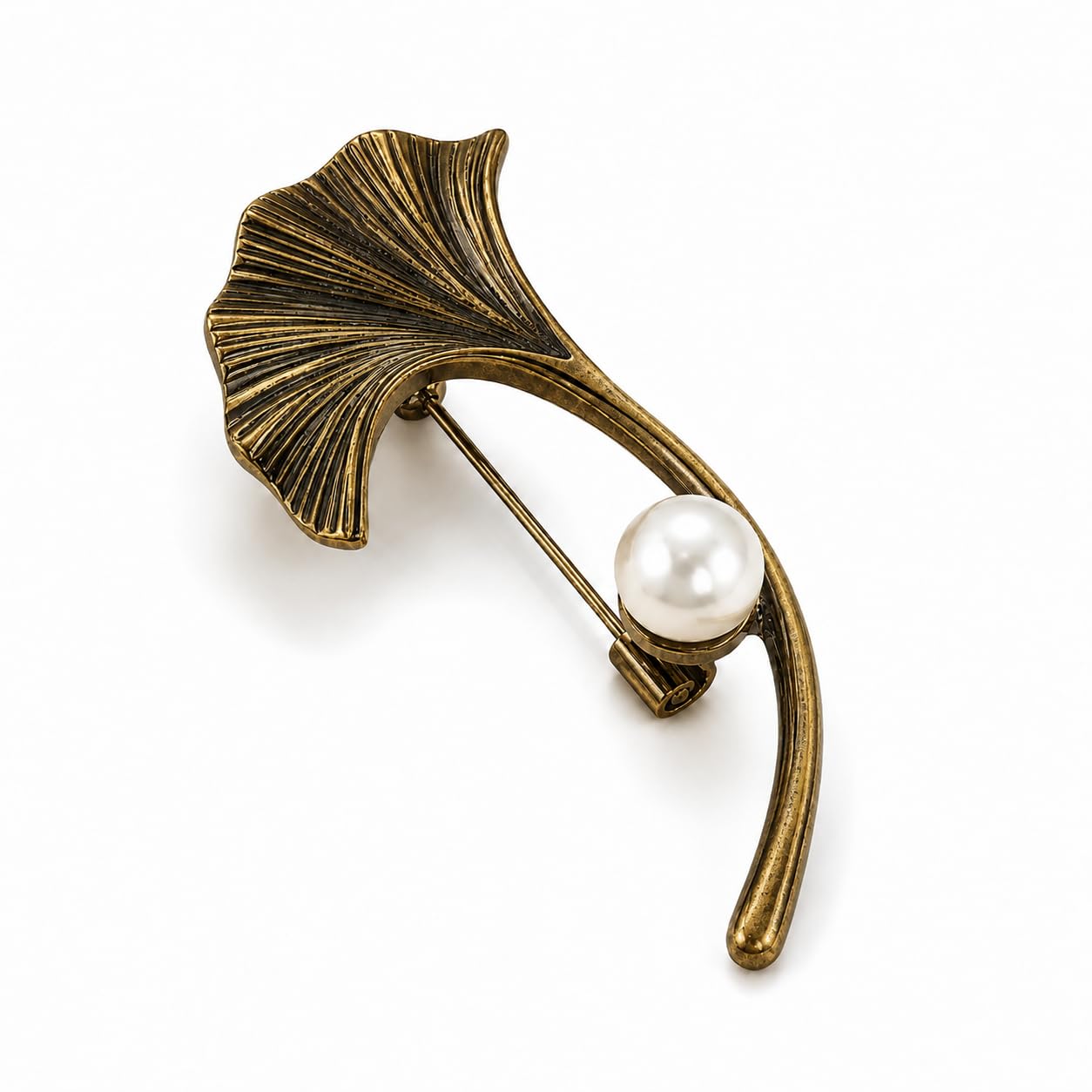Vintage Golden Ginko Pearl Brooch | Antique Gold-image-34