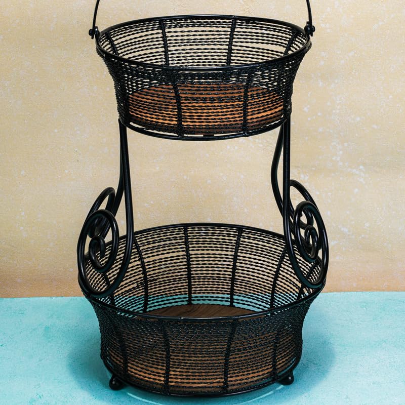 Image of Swirl Multipurpose 2-Tier Storage Basket | Acacia Wood & Iron Handles | Wooden Storage Organizer Basket | Kitchen, Living Room, Bathroom & Home Decor | Natural Finish