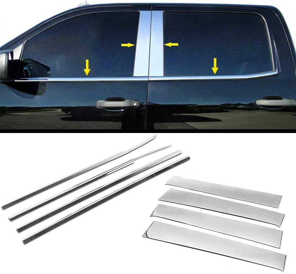 Polished Stainless Steel Window Sill Moldings+Door Pillar Overlay Designed for 2014-2018 Silverado Sierra 1500 2500 3500 4 Full DR Crew Cab