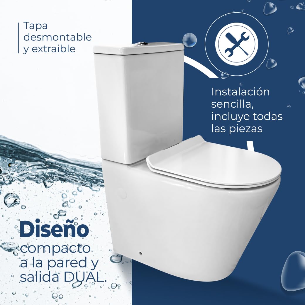 Inodoro Completo - WC Inodoro Completo con Sistema Rimless Antibacterias - Vater Baño con Tapa Moderna con Caida Amortiguada - Inodoro Salida Dual Eficiente con Ahorro de Agua - WC para Hogar Blanco