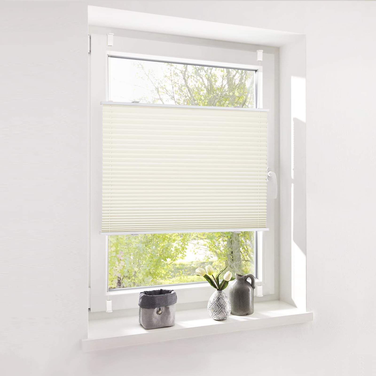 Deswell Plissee ohne Bohren Klemmfix Beige B40 x H80 cm Plisseerollo Sonnenschutz und Sichtschutz Jalousien Easyfix Plissees Lichtdurchlässig Rollo für Fenster & Tür