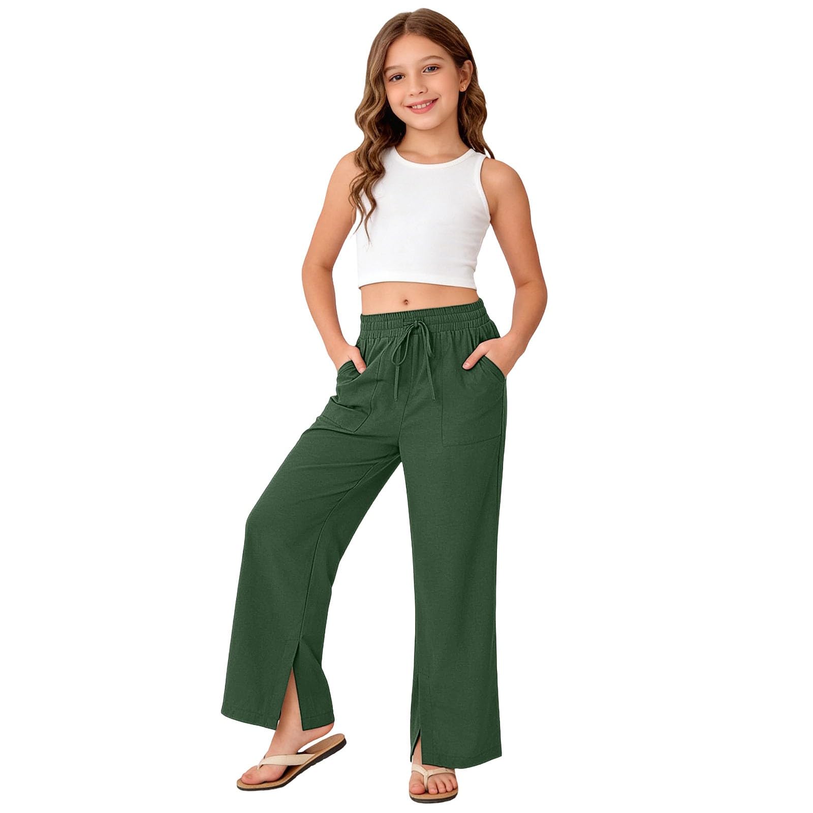 Pantalon en Lin Fille Été Fluide Léger Large Pantalon avec Poches Taille Haute Chic et Elegant Coton et Lin Sweatpants Taille Élastique Décontracté Fluide Ample Respirant pour Enfants 4-14 Ans