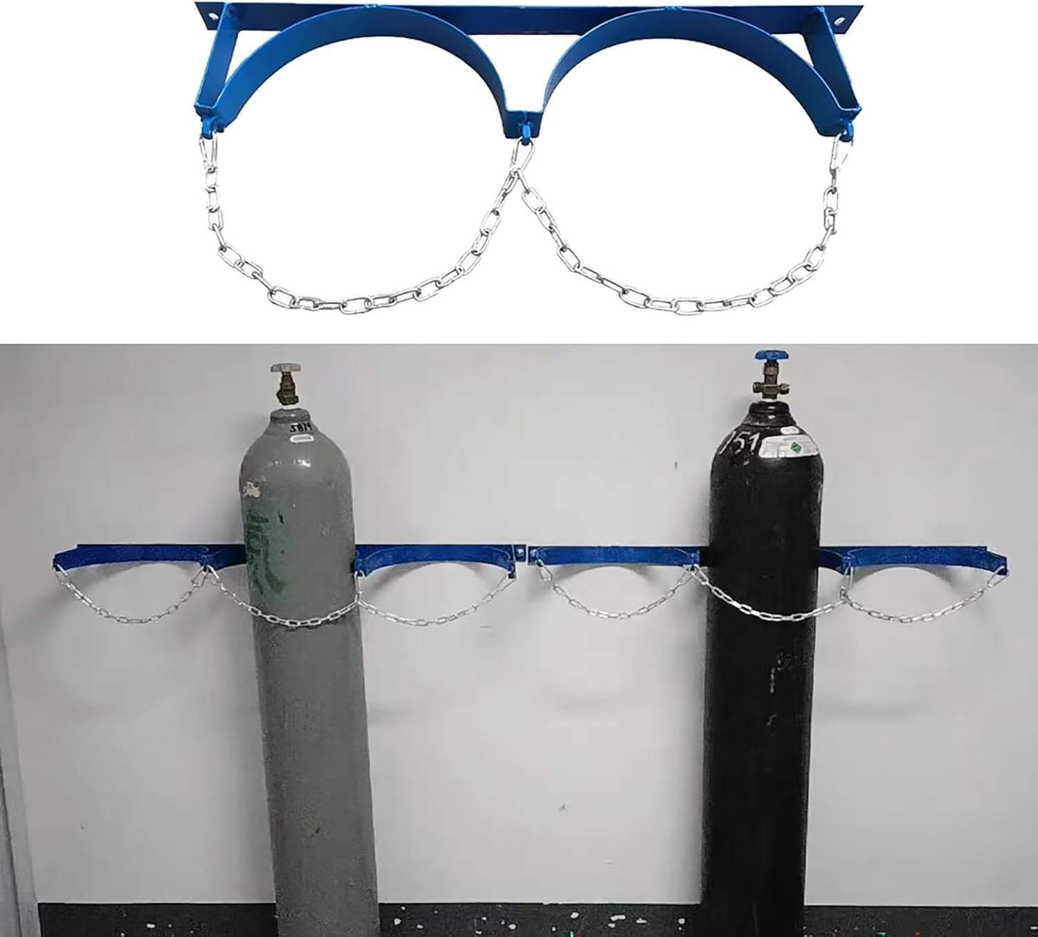 Soporte de Pared para bombonas de oxígeno - Soporte Resistente para Tanques de Gas con Cadenas de Seguridad para bombonas de O2, nitrógeno y acetileno - Perforado previamente para una fácil