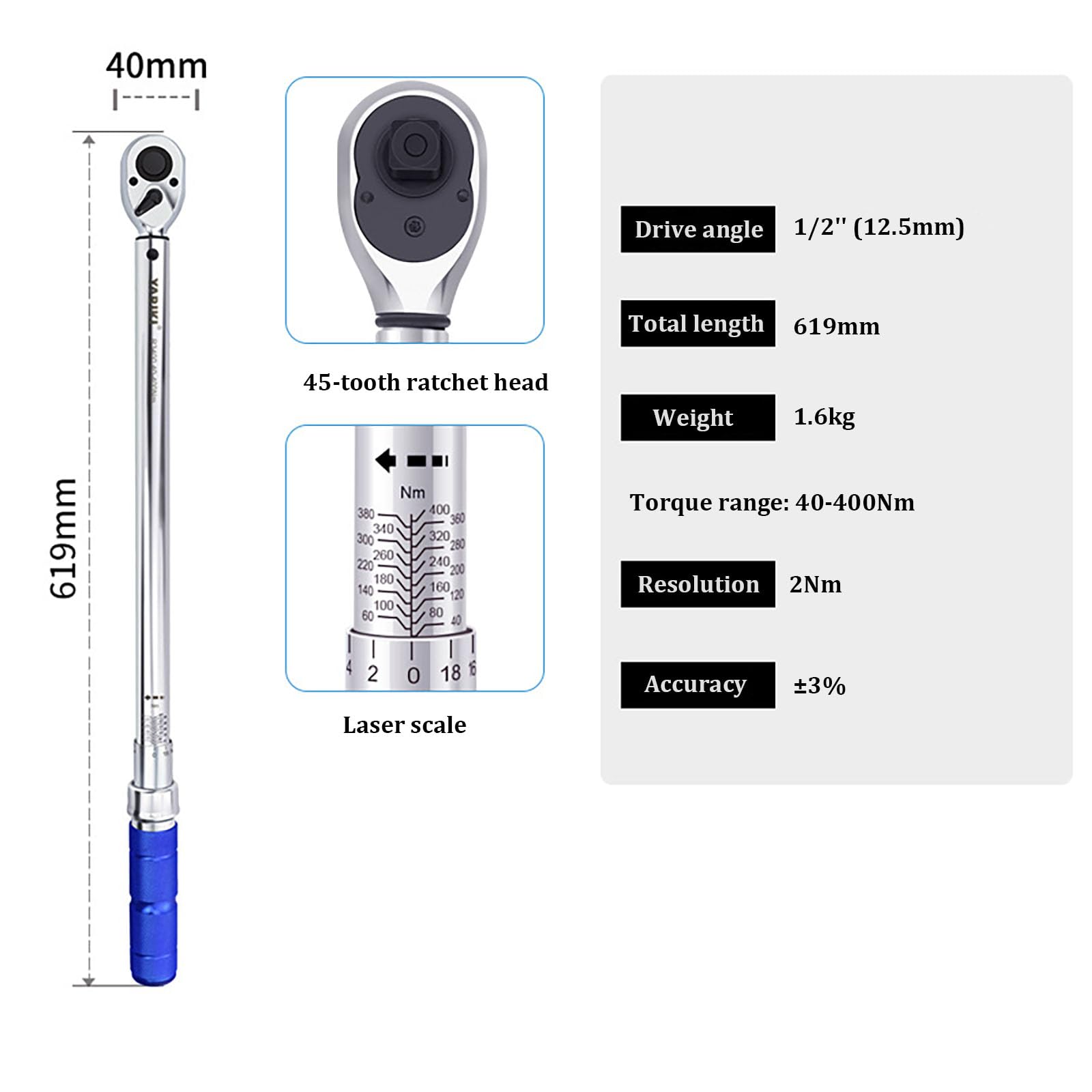 1/2 40~400Nm,SLDMJFSZ 1/2 Inch Drive Click Torque Wrench, 45