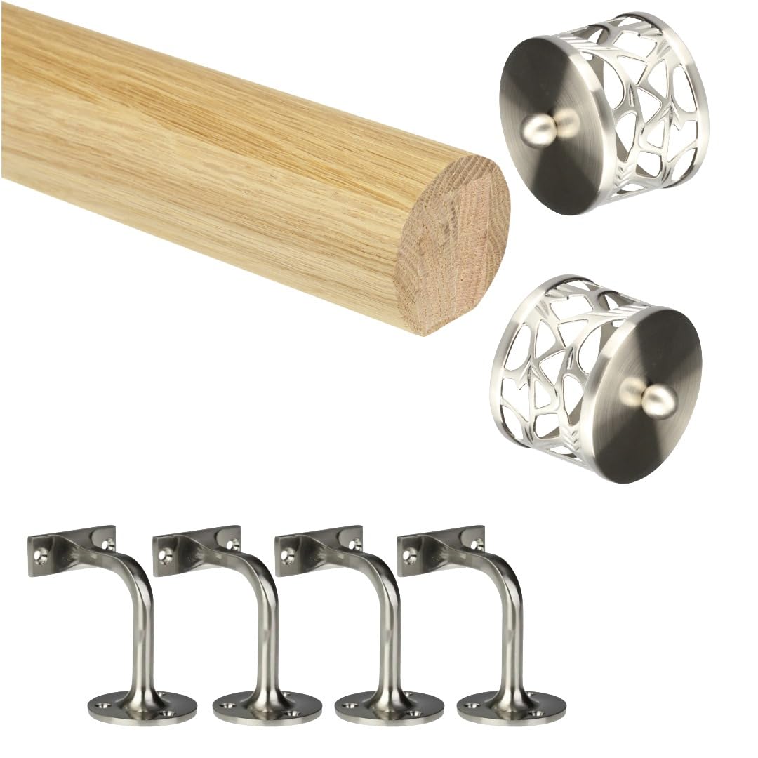 Jackson Woodturners Oak Mopstick Handrail Kit with Brushed Nickel Wall Brackets & Filigree End Caps Stair Rail (3600mm + 4 Wall Brackets)