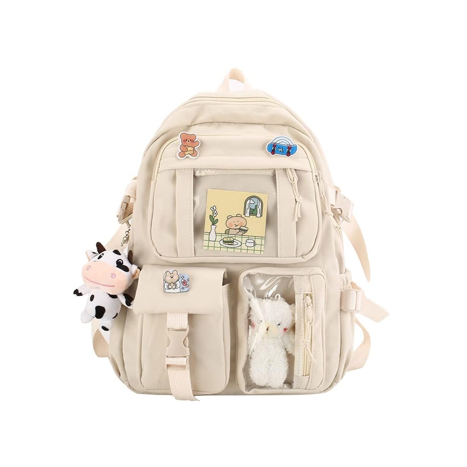 School bag, school bag leisure backpack middle school student laptop backpack, waterproof backpack, suitable as school bag, accessories plush pendant Beige