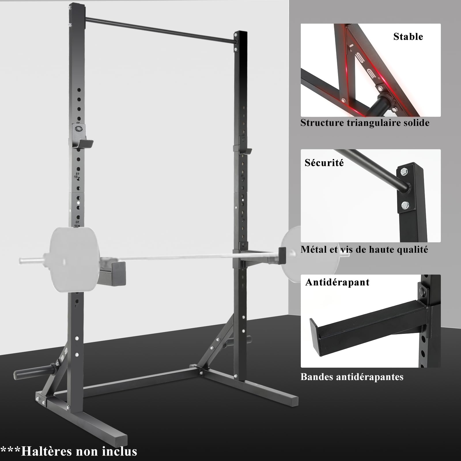 ISE Cage Squat Musculation, Support Barre Musculation Squat Cage, Rack de Squats, Pull Up Rack avec Barre de Traction Stable&Solide, Rack Musculation 23 Positions Réglable, Power Rack Home Gym Noir