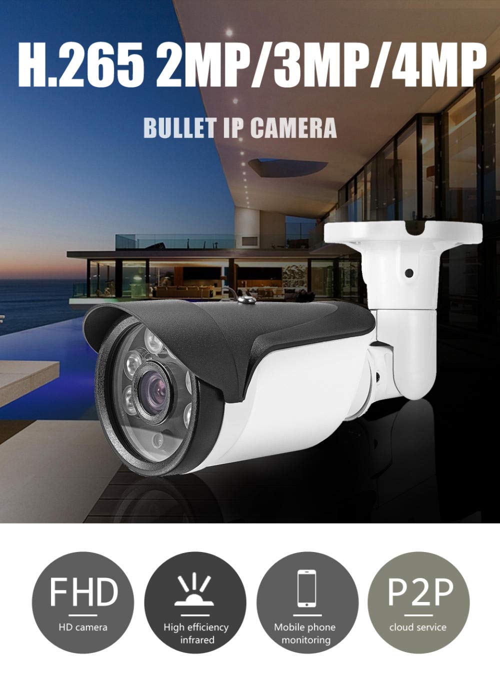Überwachungskamera Kamera 4Mp / H.265 / CCTV-Überwachungskamera, Wetterfest, Sofortmail-Alarm, Tag- / Nachtsicht-Dc12V 2Mp