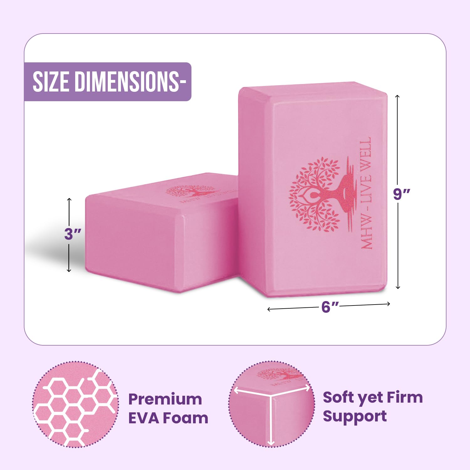 MHW - LIVE WELL EVA Foam Yoga Block, High Density Foam Exercise Blocks - Lightweight Pilates Blocks - 9.06 x 5.91 x 2.95 Inches, 2 Pack, EVA Material - Pink
