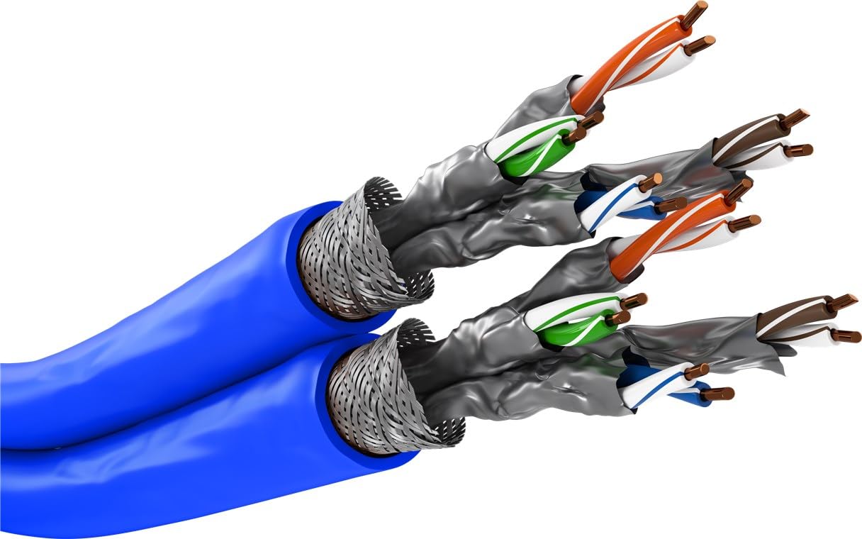 goobay Kabel LAN CAT7 50 m – podwójnie ekranowany kabel Ethernet, przewód miedziany CU, płaszcz LSZH, S/FTP, AWG 22/1, niebieski, do PoE/PoE+, SOHO, certyfikat CPR Dca – 75716