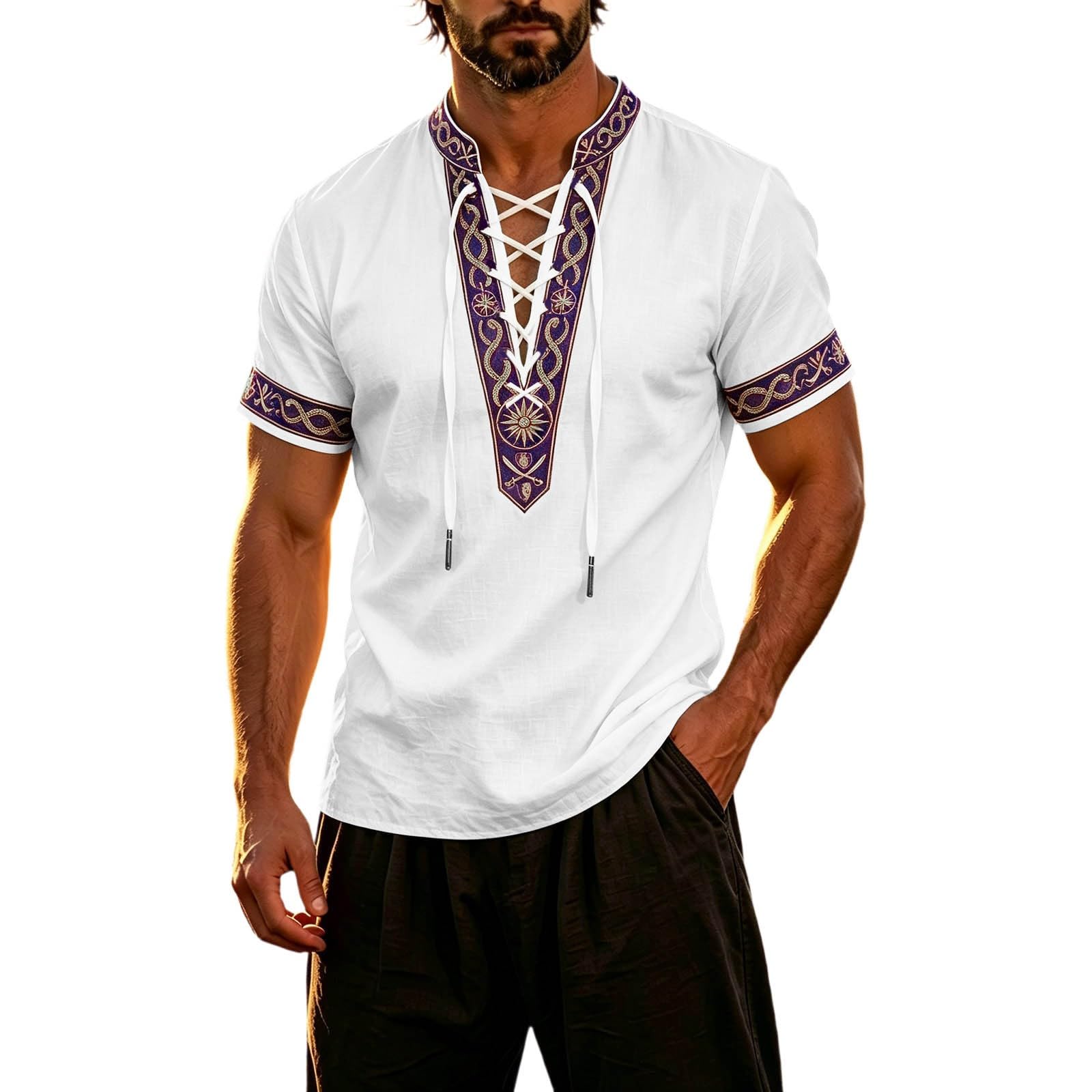 Summer Shirts for Men Short Sleeve Medieval Pirate Scottish Ghillie Shirt โ image 1